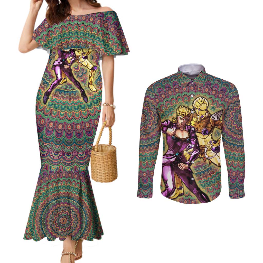 Trippy Giorno Giovanna Golden Wind Jojo’s Bizarre Adventure Couples Matching Mermaid Dress and Long Sleeve Button Shirt Trippy Mix Anime Style - The Mazicc