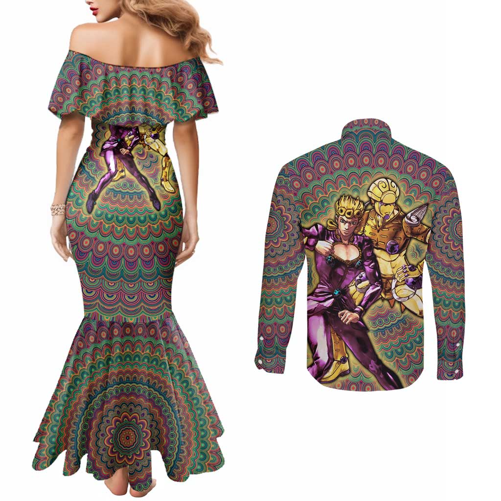 Trippy Giorno Giovanna Golden Wind Jojo’s Bizarre Adventure Couples Matching Mermaid Dress and Long Sleeve Button Shirt Trippy Mix Anime Style - The Mazicc