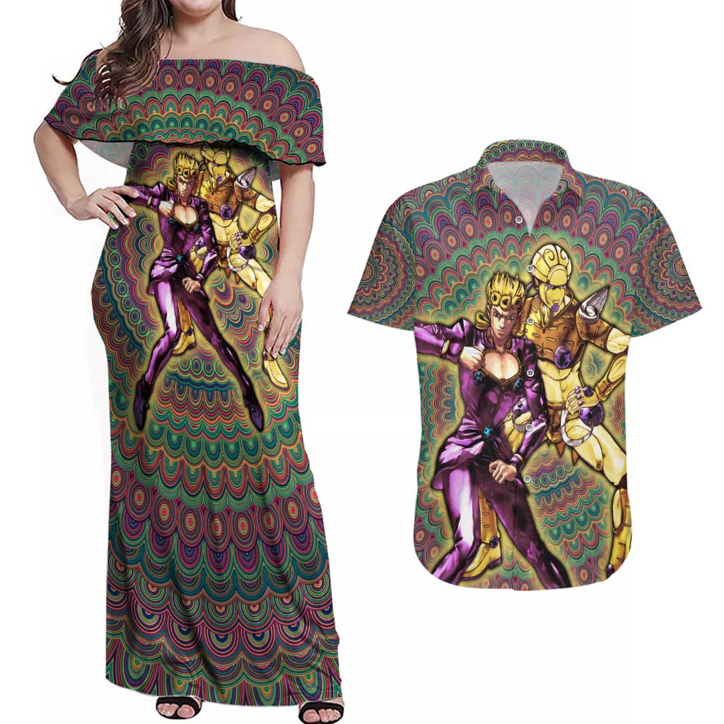 Trippy Giorno Giovanna Golden Wind Jojo’s Bizarre Adventure Couples Matching Off Shoulder Maxi Dress and Hawaiian Shirt Trippy Mix Anime Style - The Mazicc