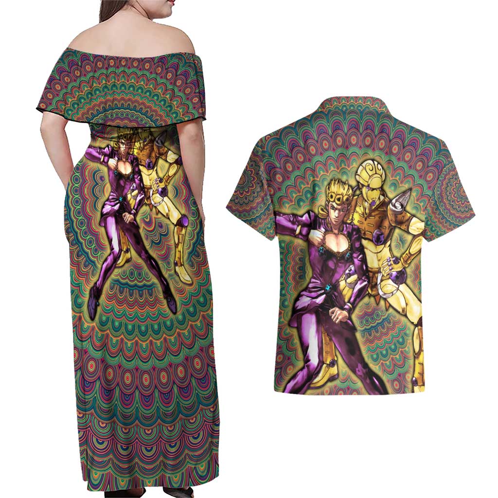 Trippy Giorno Giovanna Golden Wind Jojo’s Bizarre Adventure Couples Matching Off Shoulder Maxi Dress and Hawaiian Shirt Trippy Mix Anime Style - The Mazicc