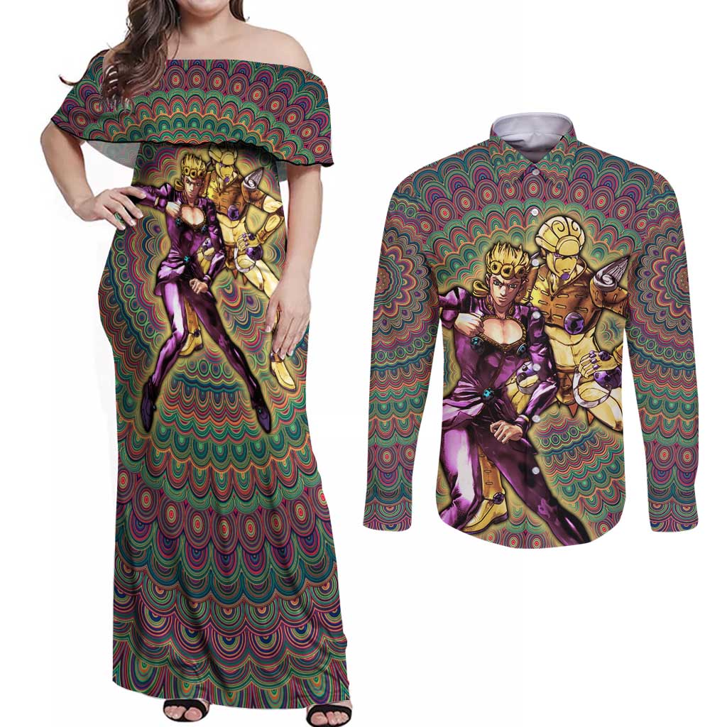 Trippy Giorno Giovanna Golden Wind Jojo’s Bizarre Adventure Couples Matching Off Shoulder Maxi Dress and Long Sleeve Button Shirt Trippy Mix Anime Style - The Mazicc