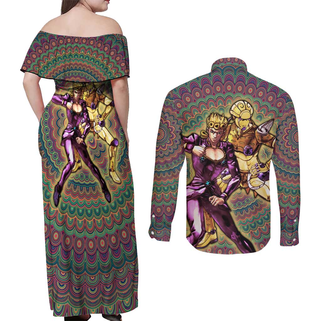 Trippy Giorno Giovanna Golden Wind Jojo’s Bizarre Adventure Couples Matching Off Shoulder Maxi Dress and Long Sleeve Button Shirt Trippy Mix Anime Style - The Mazicc
