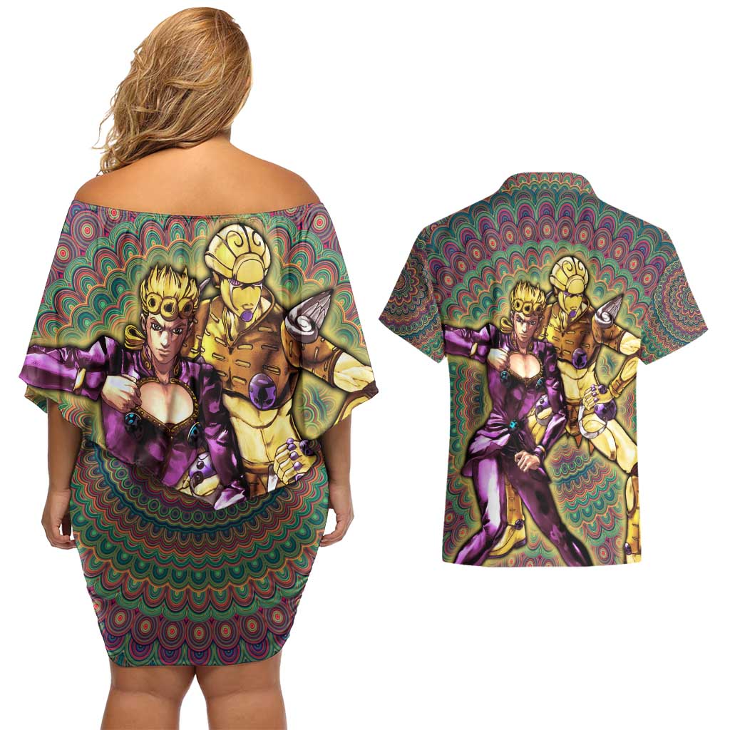 Trippy Giorno Giovanna Golden Wind Jojo’s Bizarre Adventure Couples Matching Off Shoulder Short Dress and Hawaiian Shirt Trippy Mix Anime Style - The Mazicc