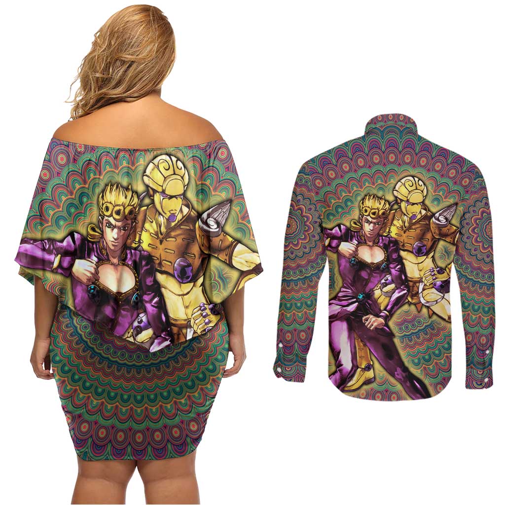Trippy Giorno Giovanna Golden Wind Jojo’s Bizarre Adventure Couples Matching Off Shoulder Short Dress and Long Sleeve Button Shirt Trippy Mix Anime Style - The Mazicc
