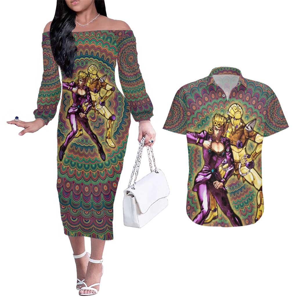 Trippy Giorno Giovanna Golden Wind Jojo’s Bizarre Adventure Couples Matching Off The Shoulder Long Sleeve Dress and Hawaiian Shirt Trippy Mix Anime Style - The Mazicc