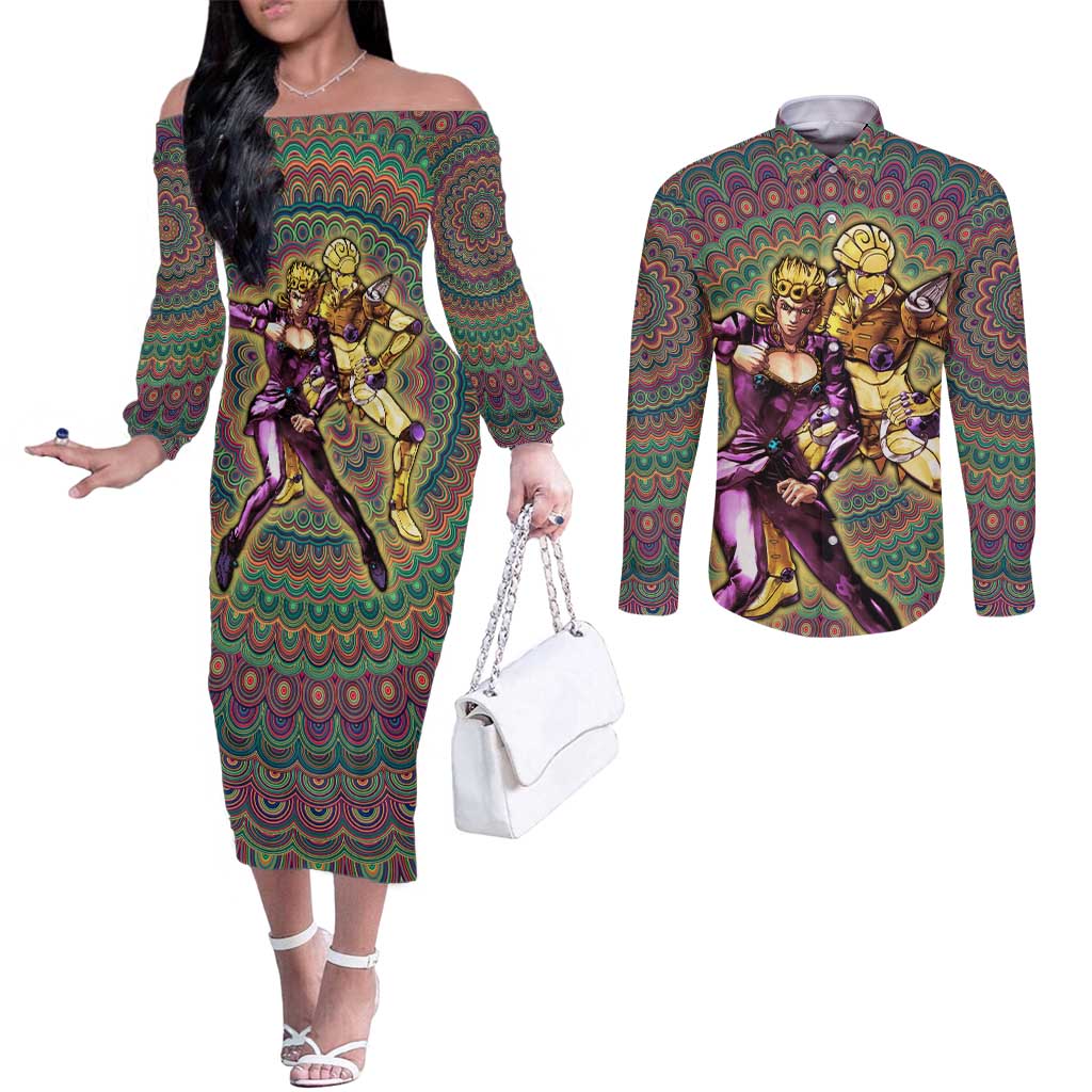 Trippy Giorno Giovanna Golden Wind Jojo’s Bizarre Adventure Couples Matching Off The Shoulder Long Sleeve Dress and Long Sleeve Button Shirt Trippy Mix Anime Style - The Mazicc