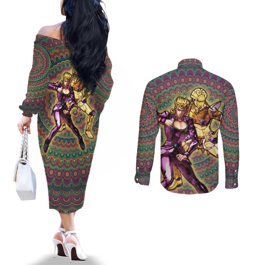 Trippy Giorno Giovanna Golden Wind Jojo’s Bizarre Adventure Couples Matching Off The Shoulder Long Sleeve Dress and Long Sleeve Button Shirt Trippy Mix Anime Style - The Mazicc