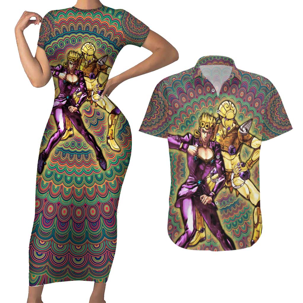 Trippy Giorno Giovanna Golden Wind Jojo’s Bizarre Adventure Couples Matching Short Sleeve Bodycon Dress and Hawaiian Shirt Trippy Mix Anime Style - The Mazicc