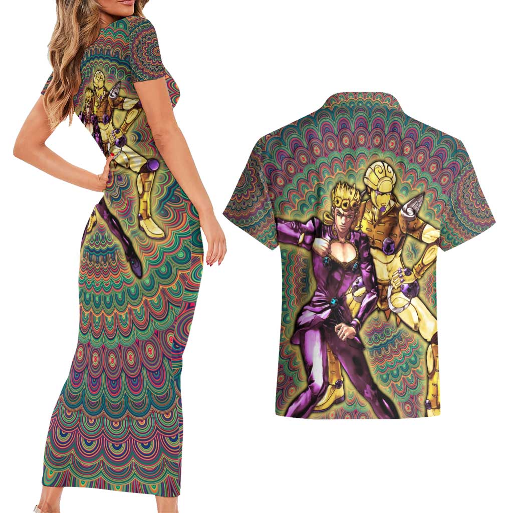Trippy Giorno Giovanna Golden Wind Jojo’s Bizarre Adventure Couples Matching Short Sleeve Bodycon Dress and Hawaiian Shirt Trippy Mix Anime Style - The Mazicc