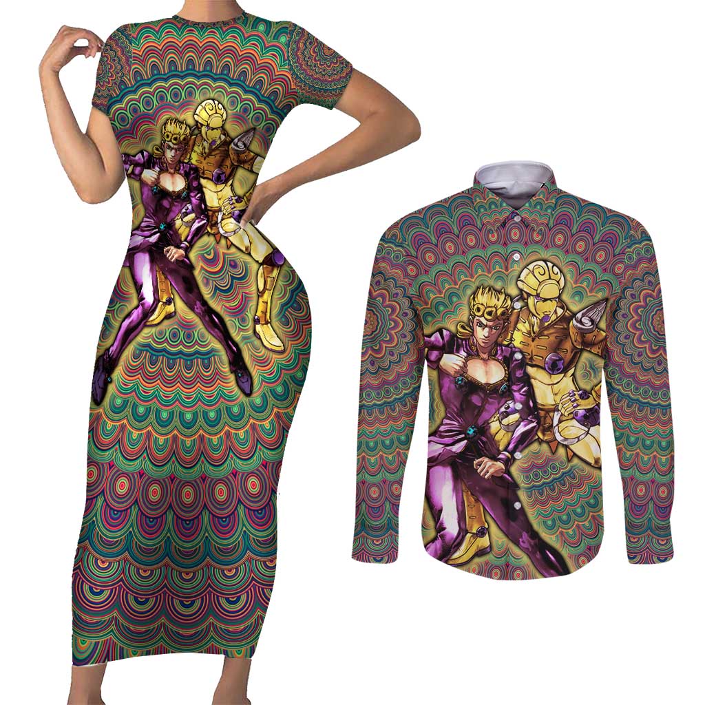 Trippy Giorno Giovanna Golden Wind Jojo’s Bizarre Adventure Couples Matching Short Sleeve Bodycon Dress and Long Sleeve Button Shirt Trippy Mix Anime Style - The Mazicc