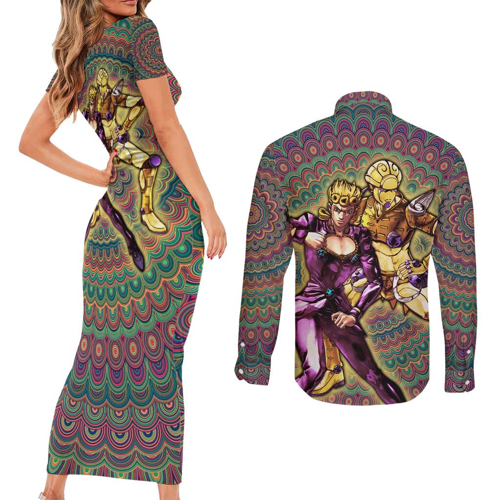 Trippy Giorno Giovanna Golden Wind Jojo’s Bizarre Adventure Couples Matching Short Sleeve Bodycon Dress and Long Sleeve Button Shirt Trippy Mix Anime Style - The Mazicc