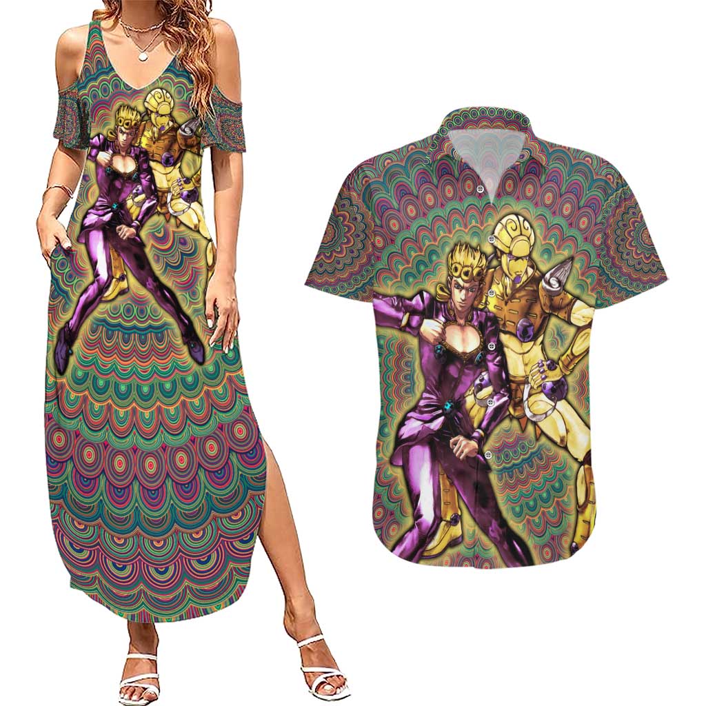 Trippy Giorno Giovanna Golden Wind Jojo’s Bizarre Adventure Couples Matching Summer Maxi Dress and Hawaiian Shirt Trippy Mix Anime Style - The Mazicc