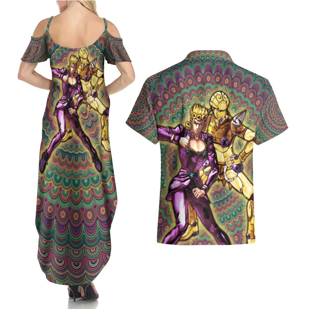 Trippy Giorno Giovanna Golden Wind Jojo’s Bizarre Adventure Couples Matching Summer Maxi Dress and Hawaiian Shirt Trippy Mix Anime Style - The Mazicc