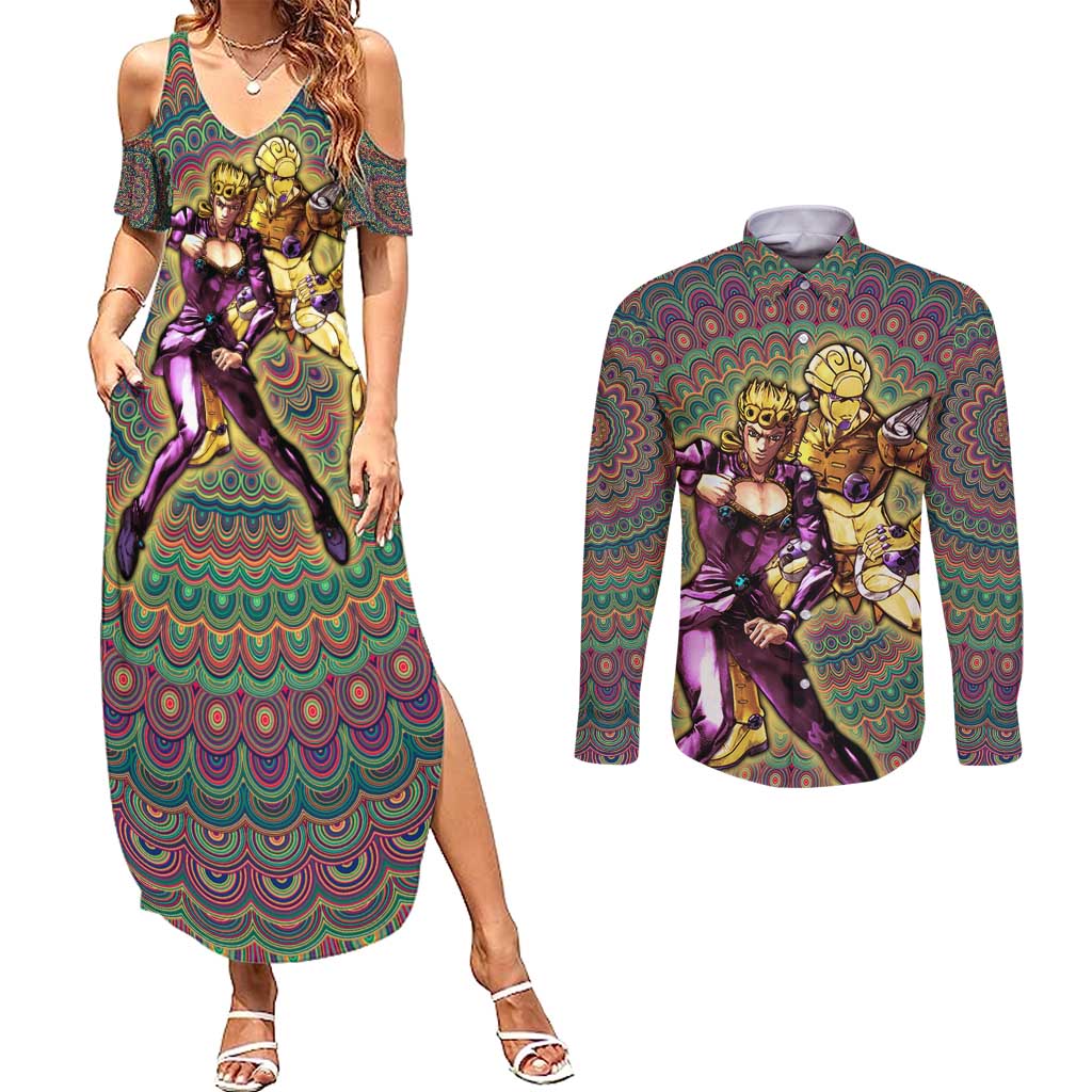 Trippy Giorno Giovanna Golden Wind Jojo’s Bizarre Adventure Couples Matching Summer Maxi Dress and Long Sleeve Button Shirt Trippy Mix Anime Style - The Mazicc