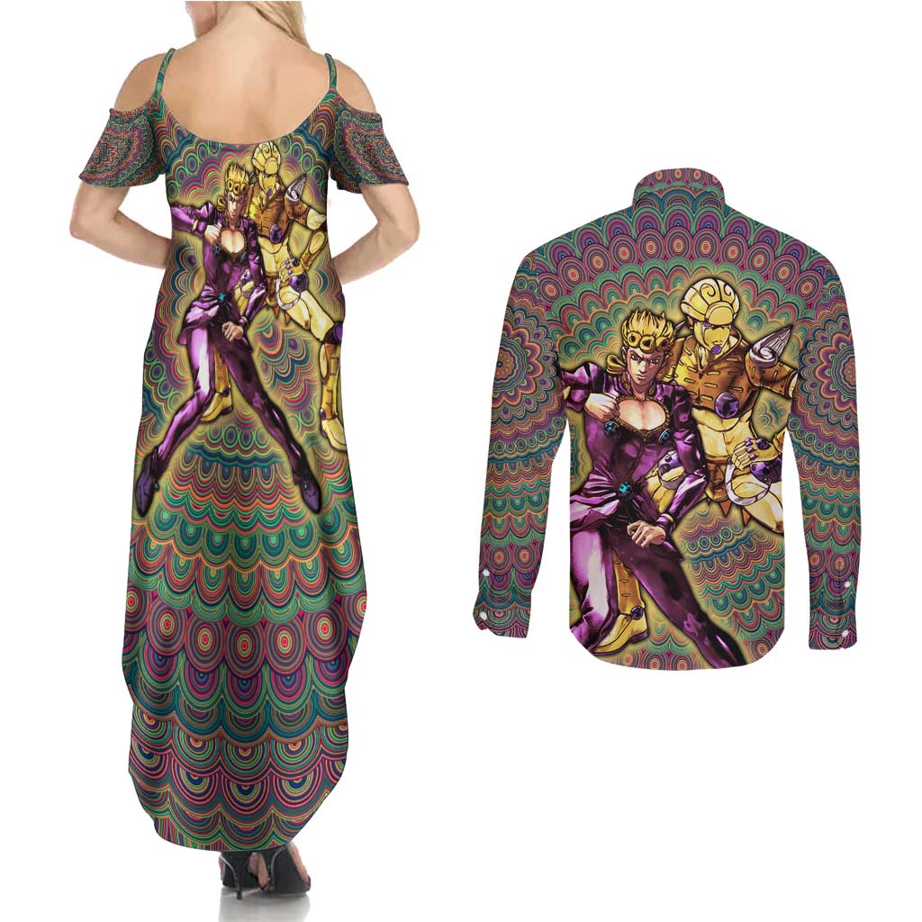 Trippy Giorno Giovanna Golden Wind Jojo’s Bizarre Adventure Couples Matching Summer Maxi Dress and Long Sleeve Button Shirt Trippy Mix Anime Style - The Mazicc