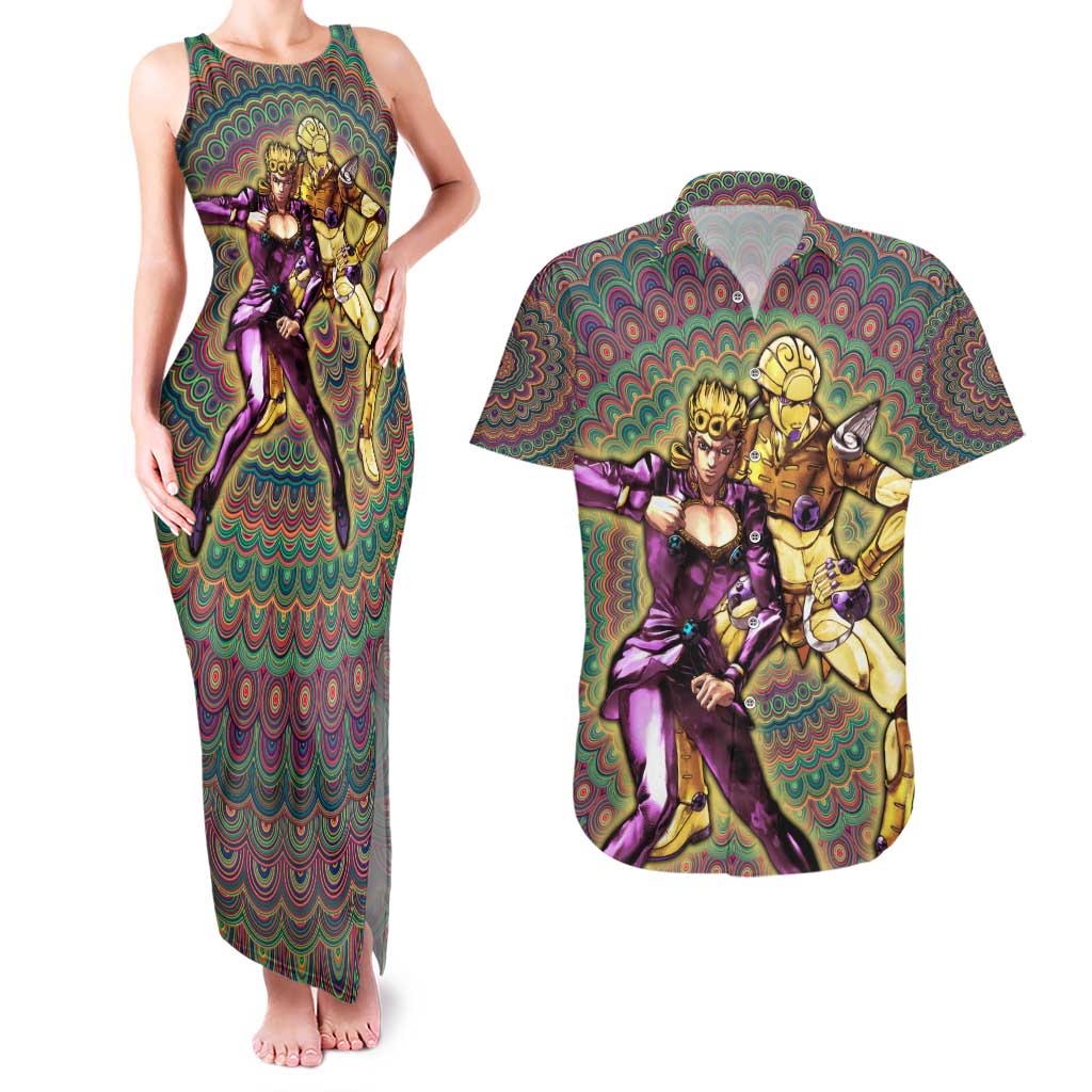 Trippy Giorno Giovanna Golden Wind Jojo’s Bizarre Adventure Couples Matching Tank Maxi Dress and Hawaiian Shirt Trippy Mix Anime Style - The Mazicc