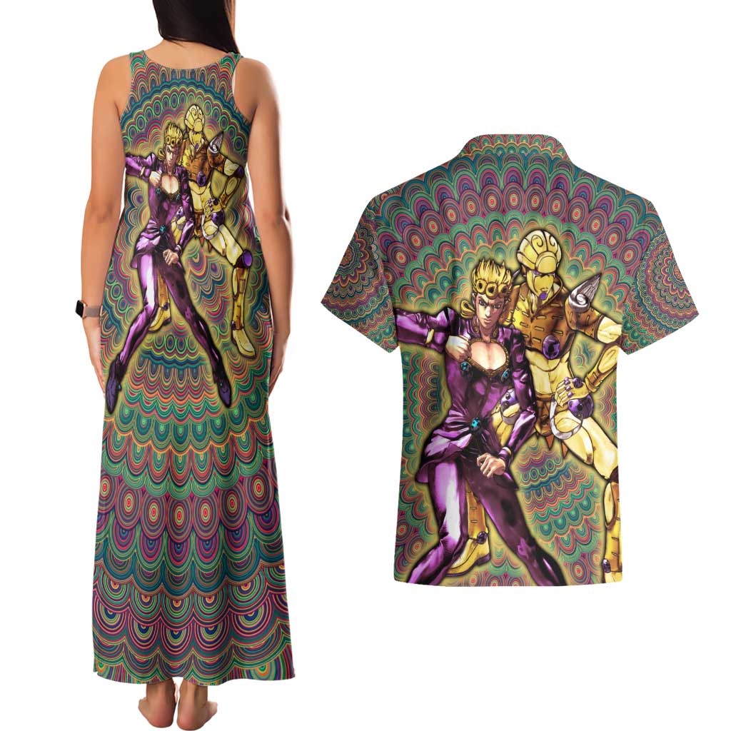 Trippy Giorno Giovanna Golden Wind Jojo’s Bizarre Adventure Couples Matching Tank Maxi Dress and Hawaiian Shirt Trippy Mix Anime Style - The Mazicc