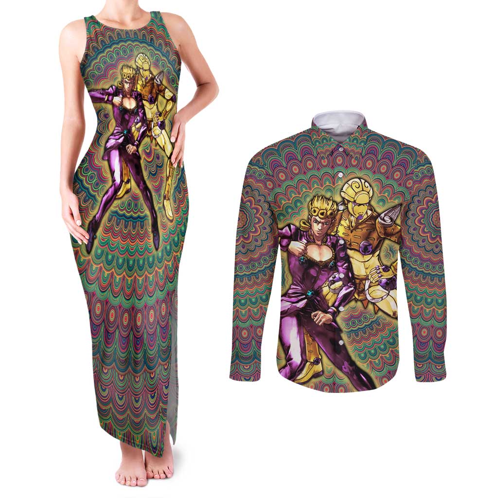 Trippy Giorno Giovanna Golden Wind Jojo’s Bizarre Adventure Couples Matching Tank Maxi Dress and Long Sleeve Button Shirt Trippy Mix Anime Style - The Mazicc