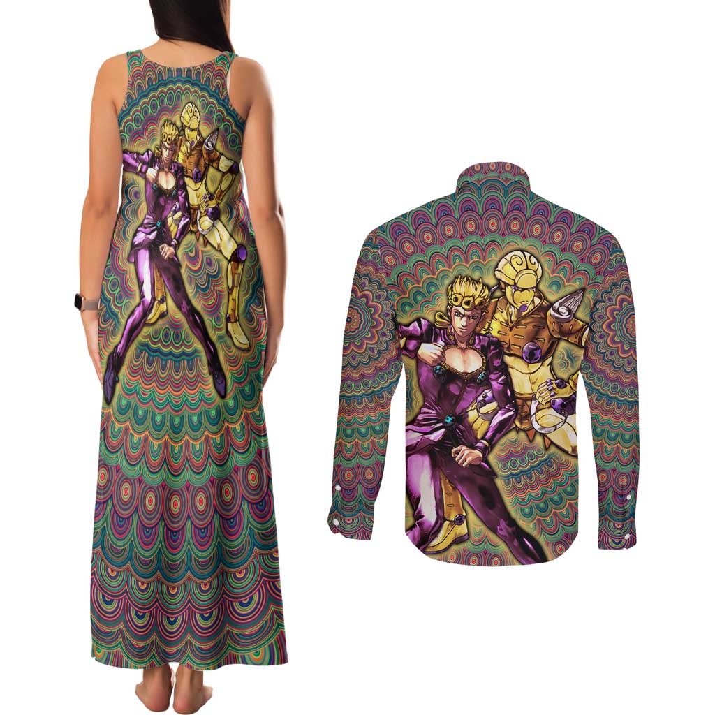 Trippy Giorno Giovanna Golden Wind Jojo’s Bizarre Adventure Couples Matching Tank Maxi Dress and Long Sleeve Button Shirt Trippy Mix Anime Style - The Mazicc