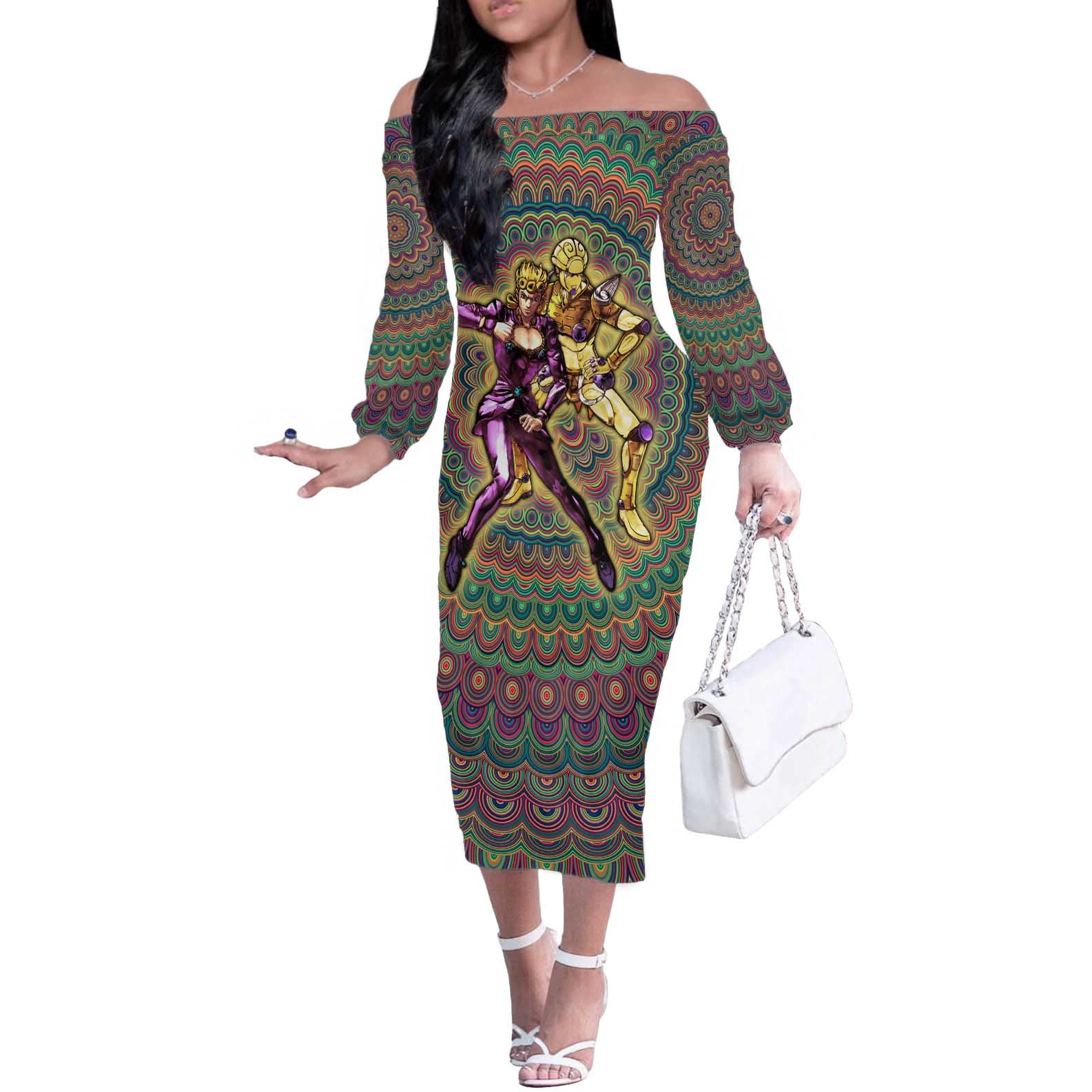 Trippy Giorno Giovanna Golden Wind Jojo’s Bizarre Adventure Off The Shoulder Long Sleeve Dress Trippy Mix Anime Style - The Mazicc