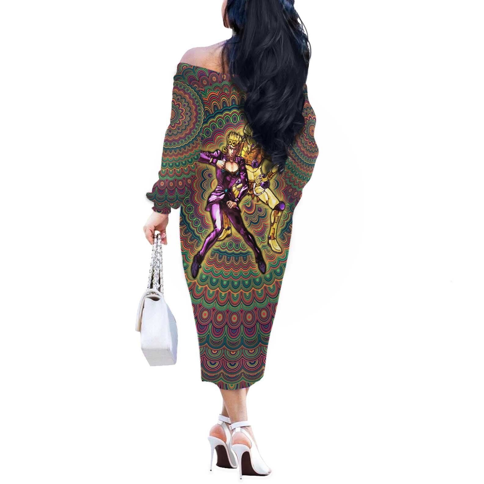 Trippy Giorno Giovanna Golden Wind Jojo’s Bizarre Adventure Off The Shoulder Long Sleeve Dress Trippy Mix Anime Style - The Mazicc