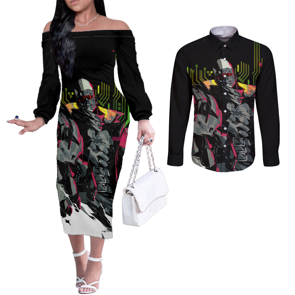 Maine Cyberpunk Couples Matching Off The Shoulder Long Sleeve Dress and Long Sleeve Button Shirt