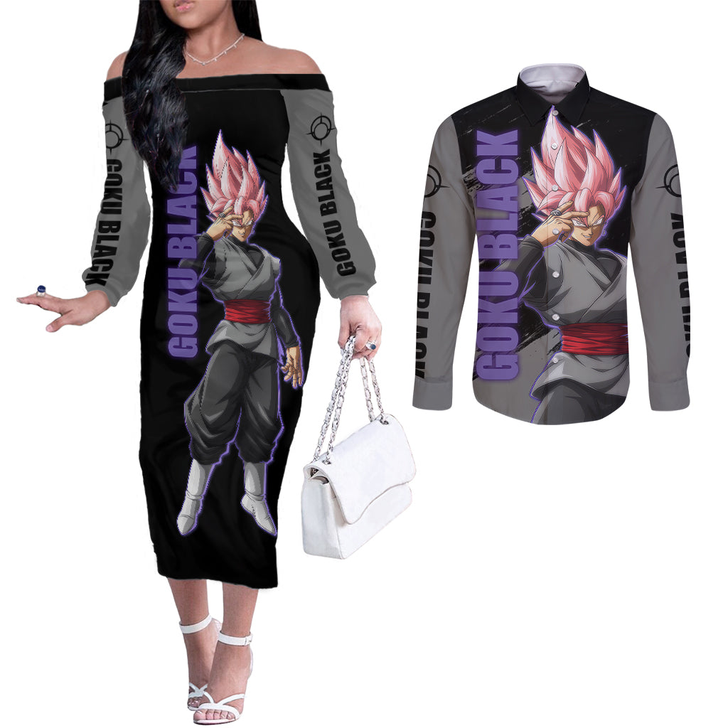 Goku Black Rose Couples Matching Off The Shoulder Long Sleeve Dress and Long Sleeve Button Shirt
