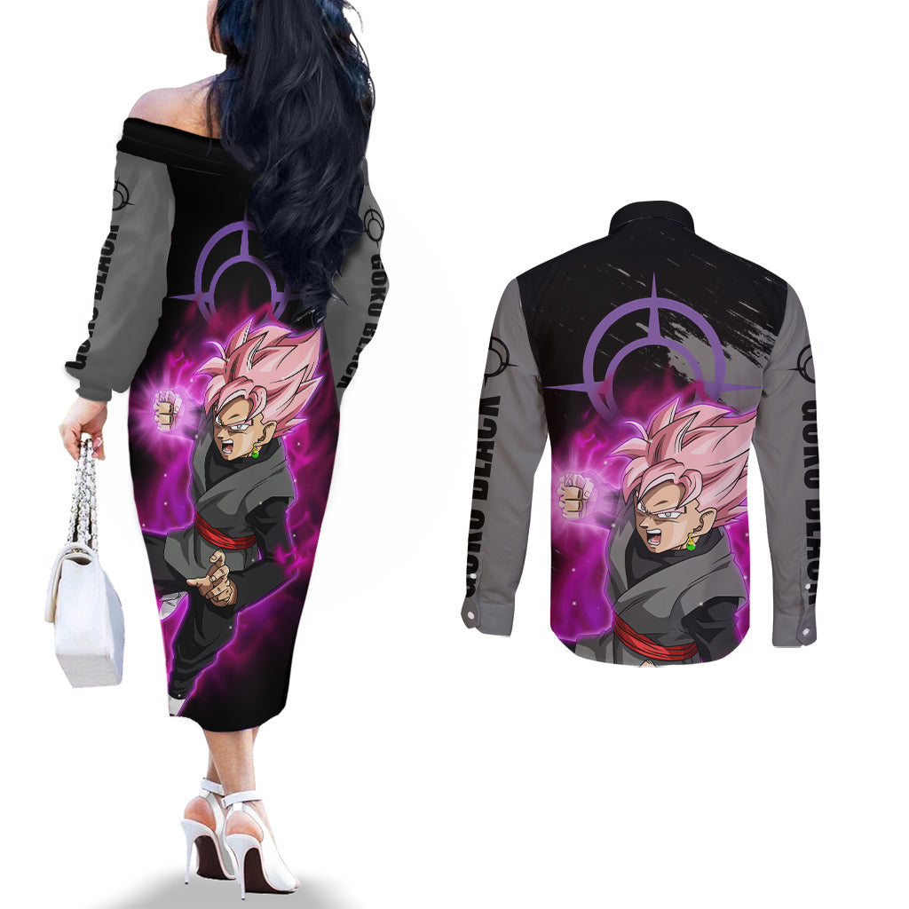 Goku Black Rose Couples Matching Off The Shoulder Long Sleeve Dress and Long Sleeve Button Shirt