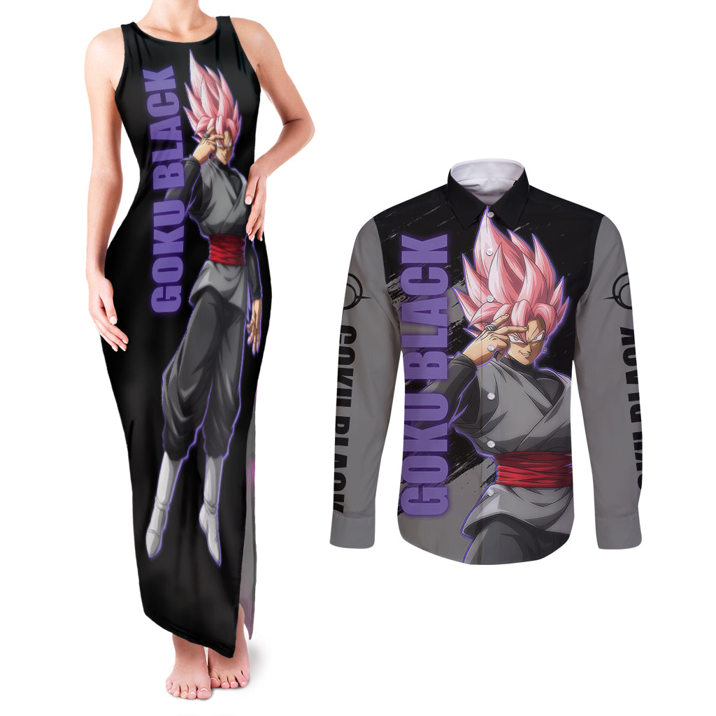 Goku Black Rose Couples Matching Tank Maxi Dress and Long Sleeve Button Shirt