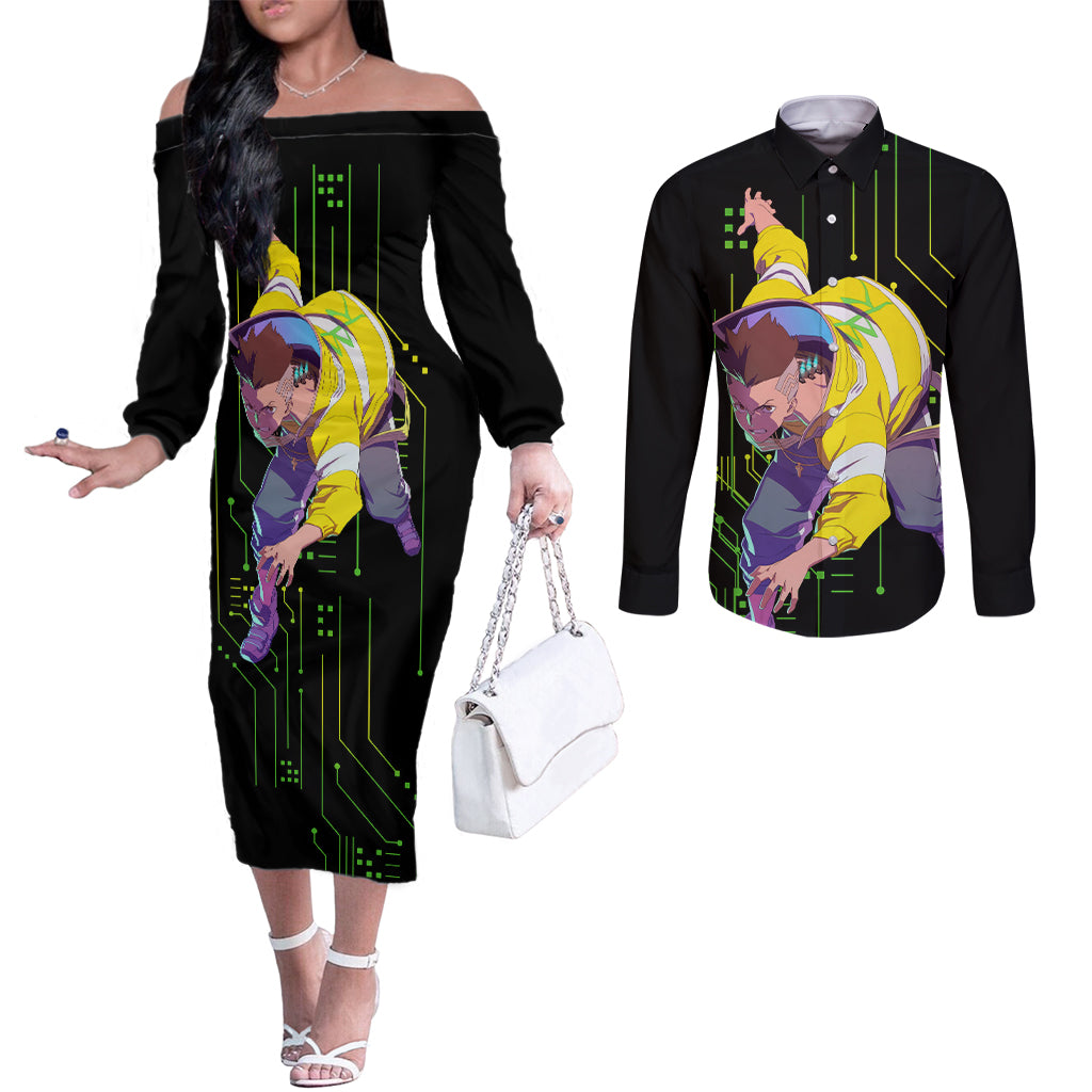 Cyberpunk David Martinez Couples Matching Off The Shoulder Long Sleeve Dress and Long Sleeve Button Shirt