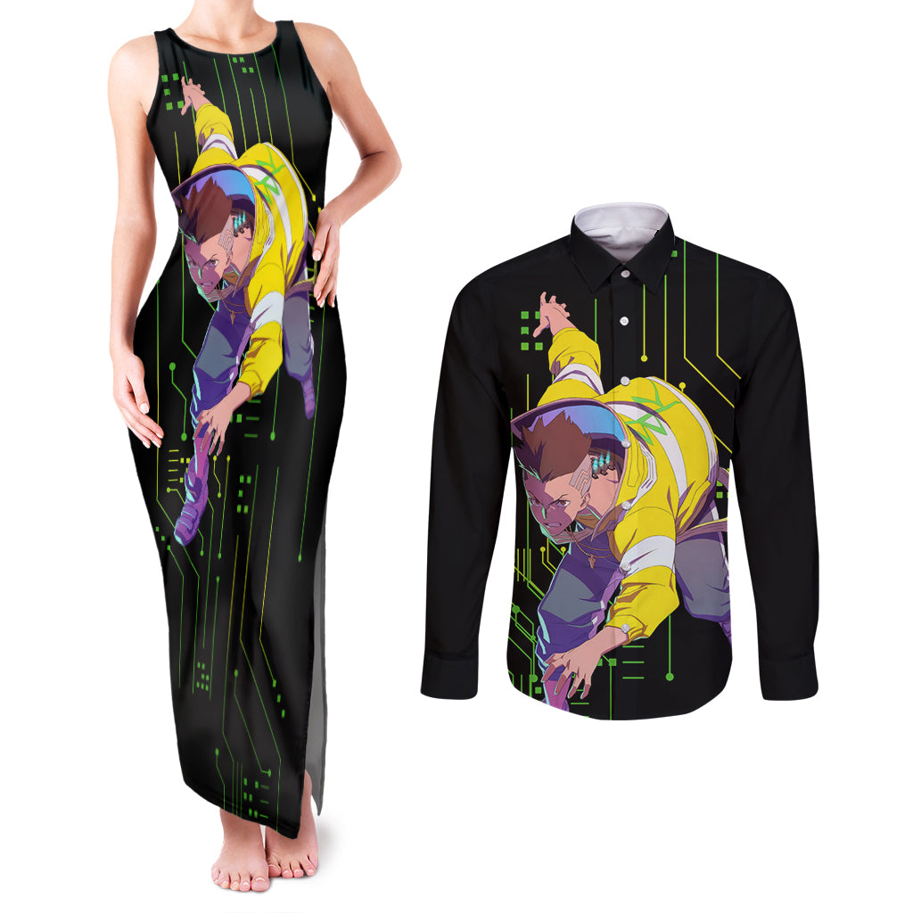 Cyberpunk David Martinez Couples Matching Tank Maxi Dress and Long Sleeve Button Shirt