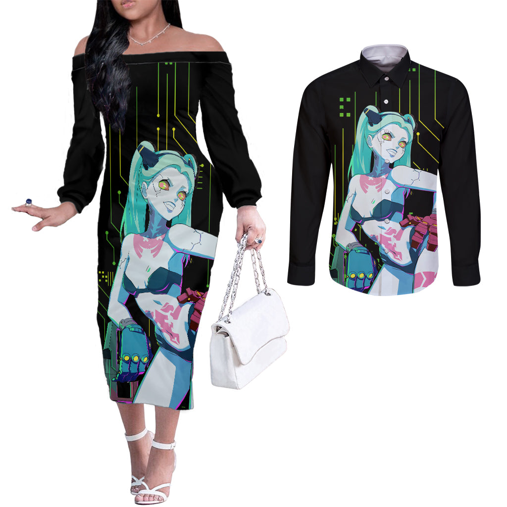 Cyberpunk Rebecca Couples Matching Off The Shoulder Long Sleeve Dress and Long Sleeve Button Shirt