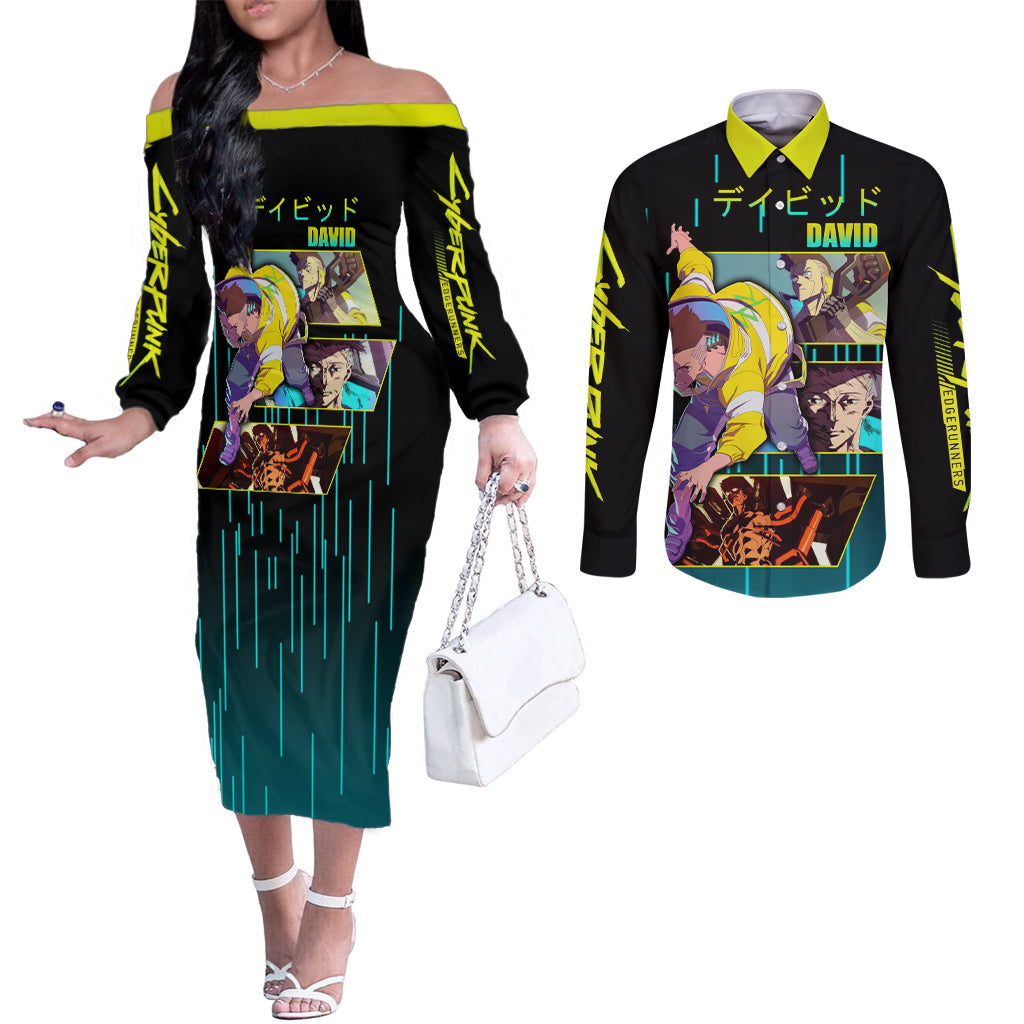 Cyberpunk David Martinez Couples Matching Off The Shoulder Long Sleeve Dress and Long Sleeve Button Shirt