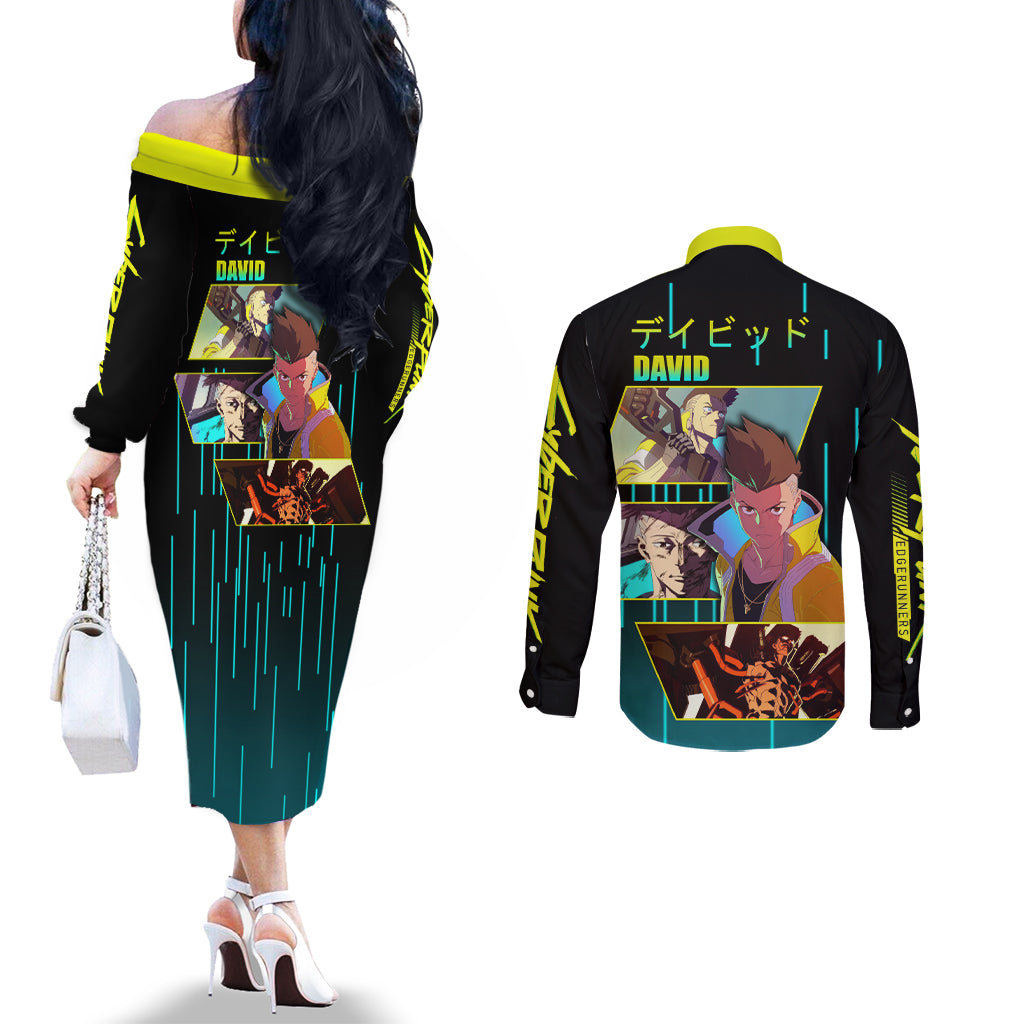 Cyberpunk David Martinez Couples Matching Off The Shoulder Long Sleeve Dress and Long Sleeve Button Shirt