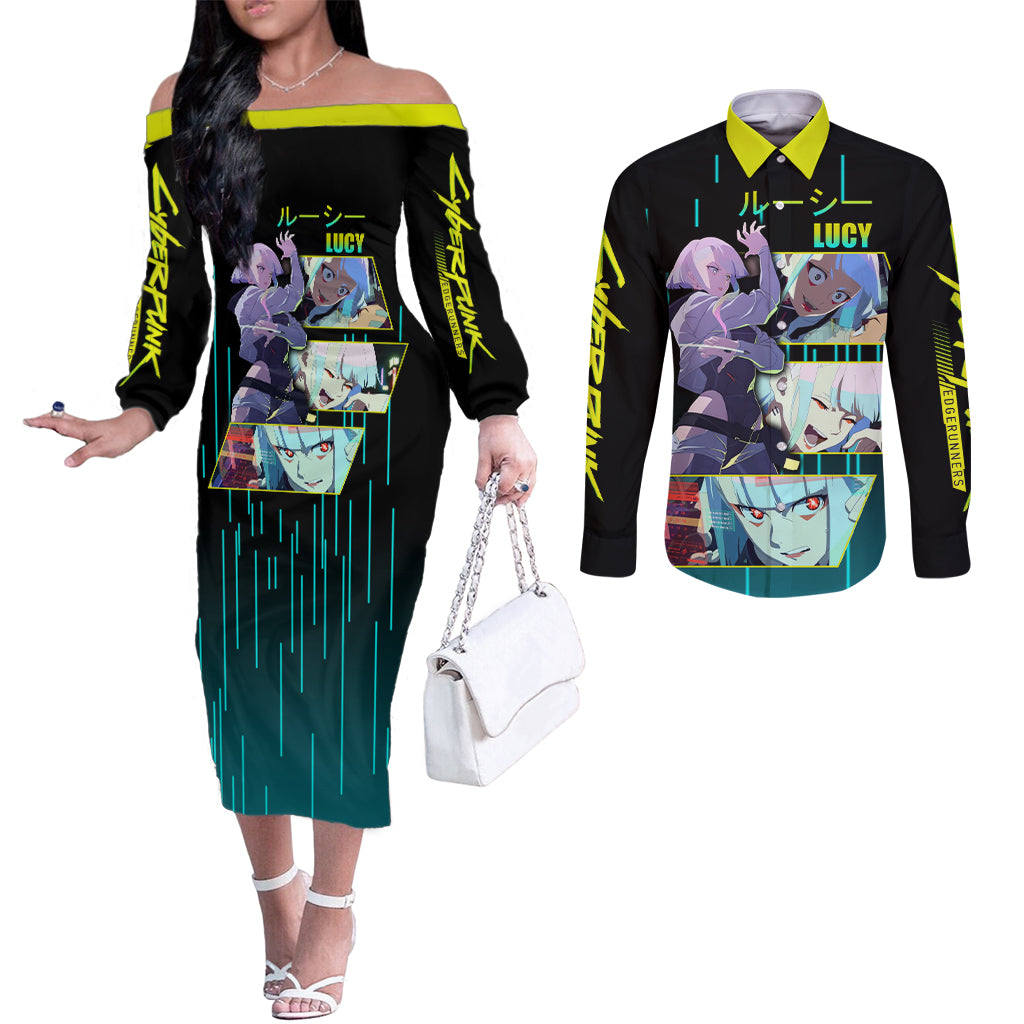 Cyberpunk Lucy Couples Matching Off The Shoulder Long Sleeve Dress and Long Sleeve Button Shirt