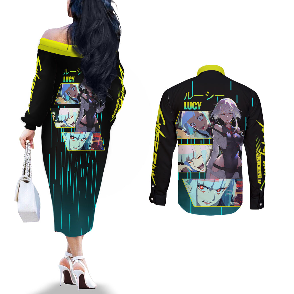Cyberpunk Lucy Couples Matching Off The Shoulder Long Sleeve Dress and Long Sleeve Button Shirt
