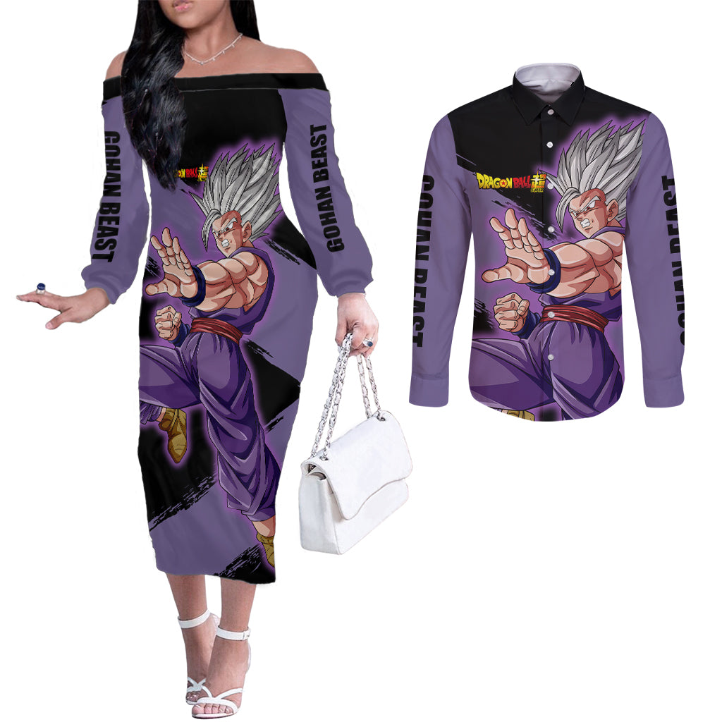 Gohan Beast - Dragon Ball Couples Matching Off The Shoulder Long Sleeve Dress and Long Sleeve Button Shirt