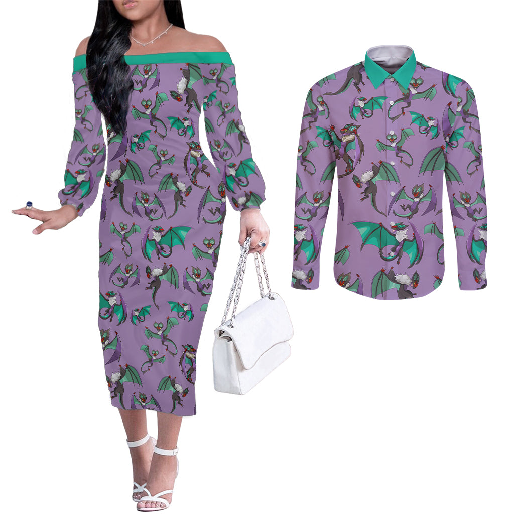 Noivern Pattern Style Couples Matching Off The Shoulder Long Sleeve Dress and Long Sleeve Button Shirt