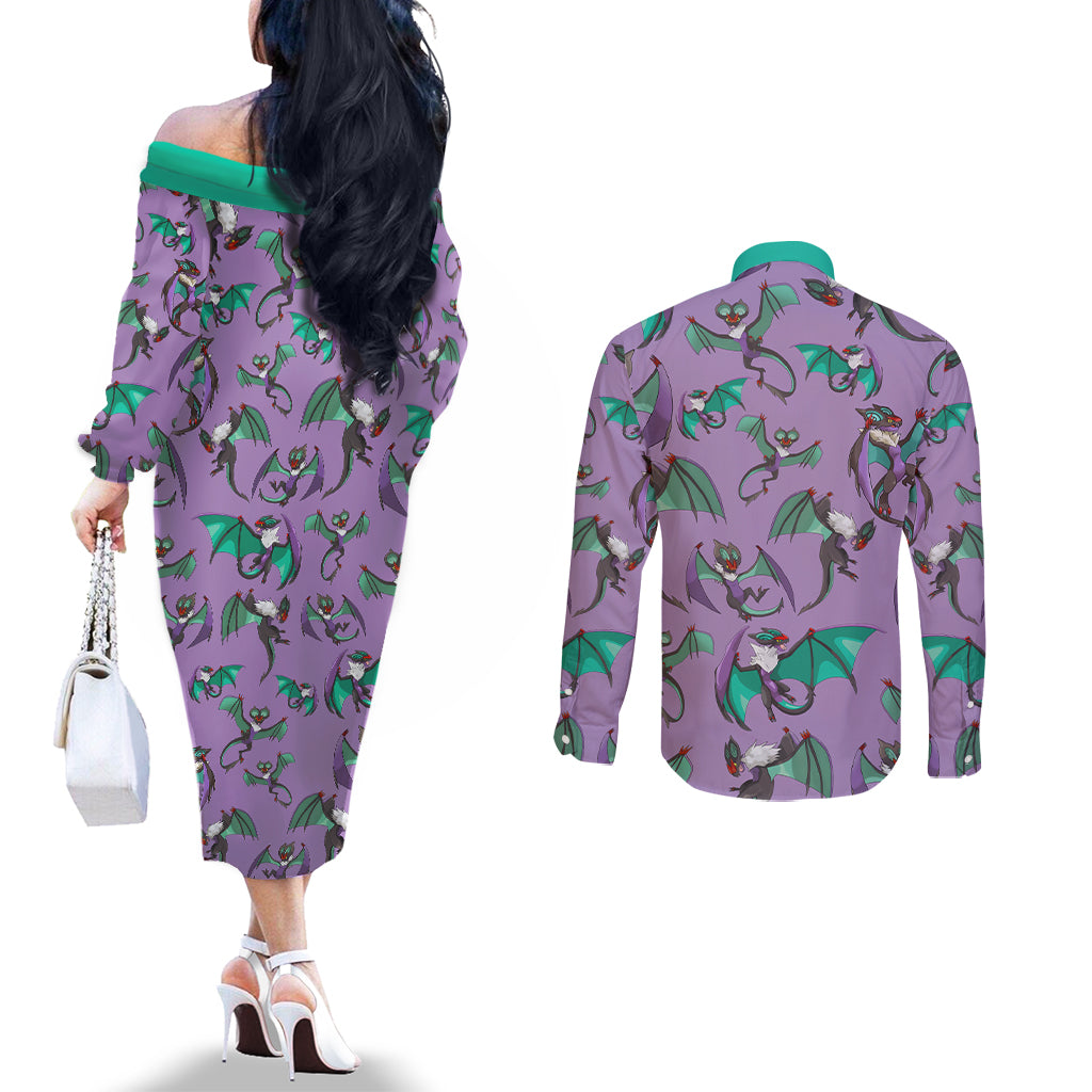 Noivern Pattern Style Couples Matching Off The Shoulder Long Sleeve Dress and Long Sleeve Button Shirt