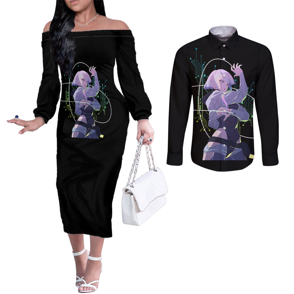 Cyberpunk Lucy - Anime Cyberpunk Couples Matching Off The Shoulder Long Sleeve Dress and Long Sleeve Button Shirt