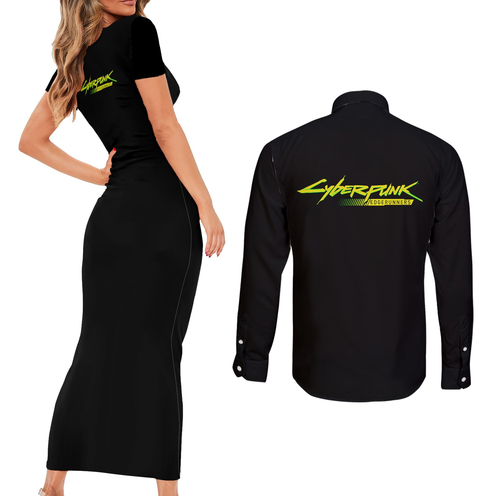 Cyberpunk Lucy - Anime Cyberpunk Couples Matching Short Sleeve Bodycon Dress and Long Sleeve Button Shirt