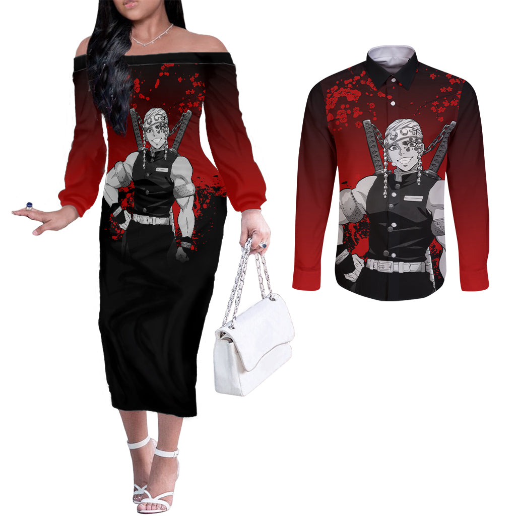 Tengen Uzui Japan Art Couples Matching Off The Shoulder Long Sleeve Dress and Long Sleeve Button Shirt