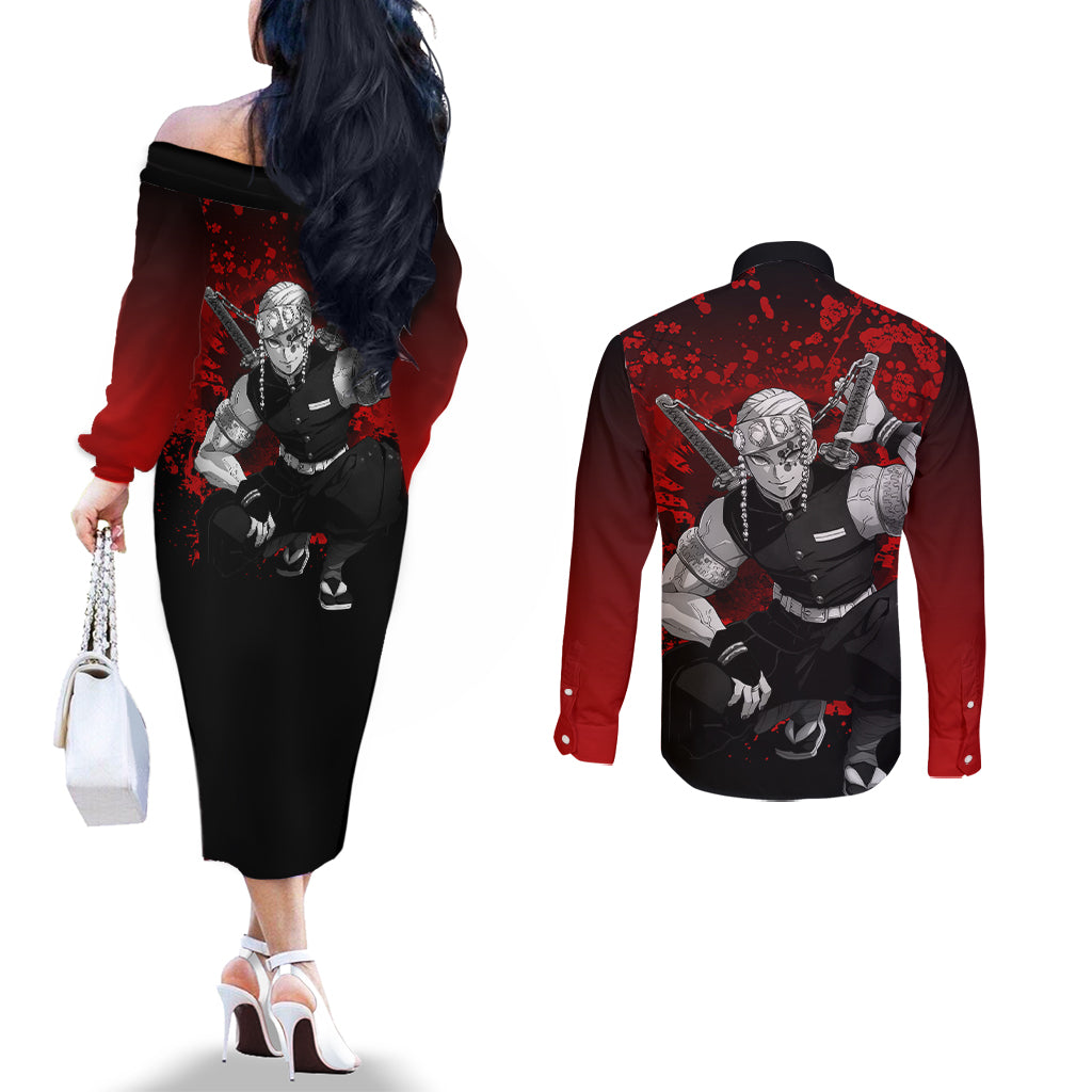 Tengen Uzui Japan Art Couples Matching Off The Shoulder Long Sleeve Dress and Long Sleeve Button Shirt