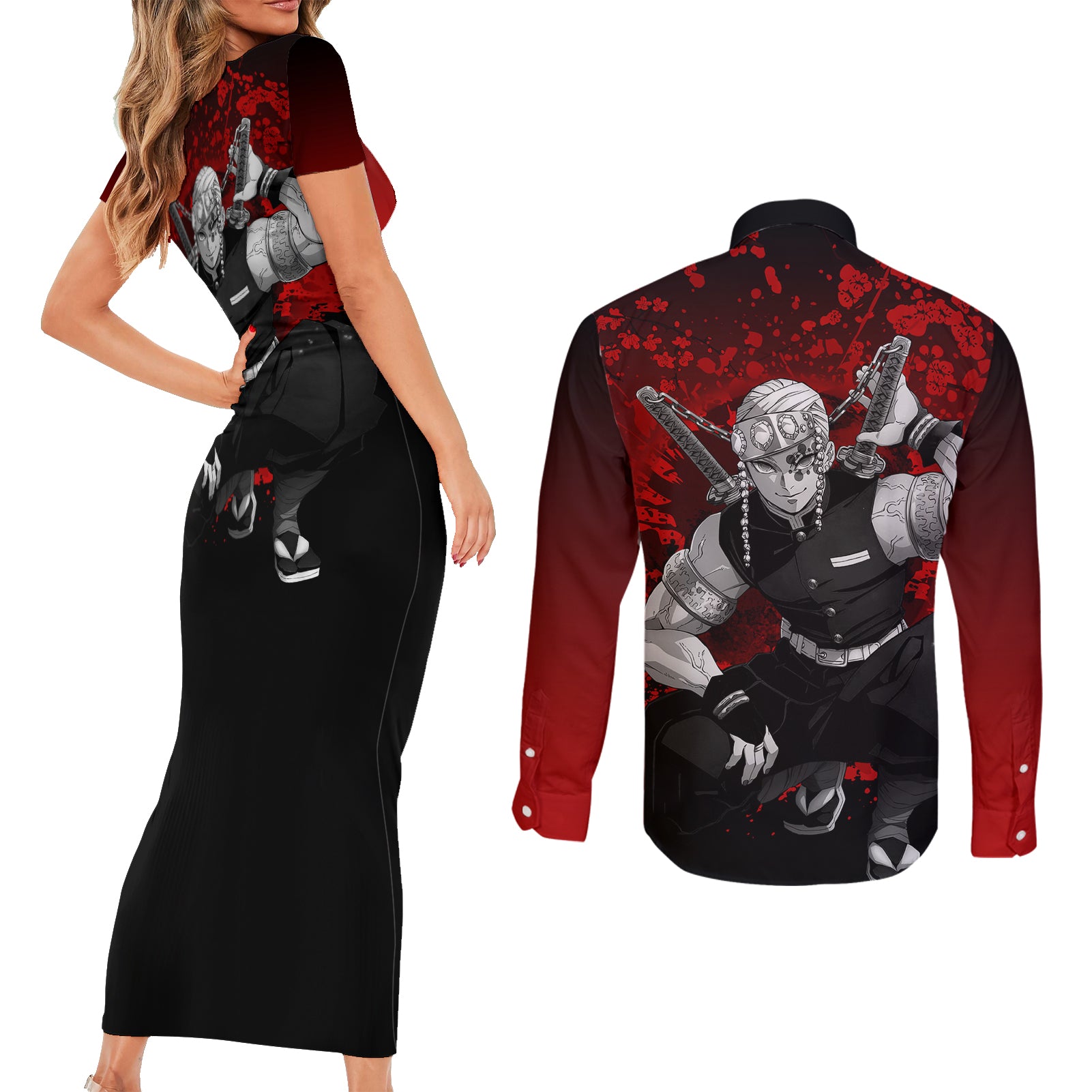 Tengen Uzui Japan Art Couples Matching Short Sleeve Bodycon Dress and Long Sleeve Button Shirt