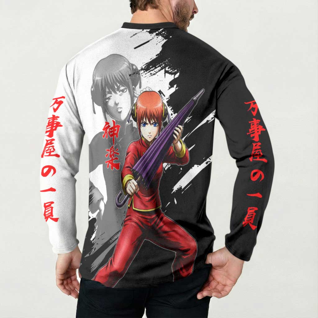 Kagura Button Sweatshirt Fierce Comedy Martial Ink Style