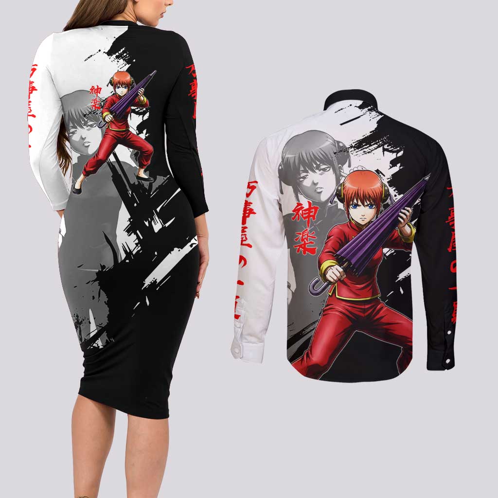 Kagura Couples Matching Long Sleeve Bodycon Dress and Long Sleeve Button Shirt Fierce Comedy Martial Ink Style