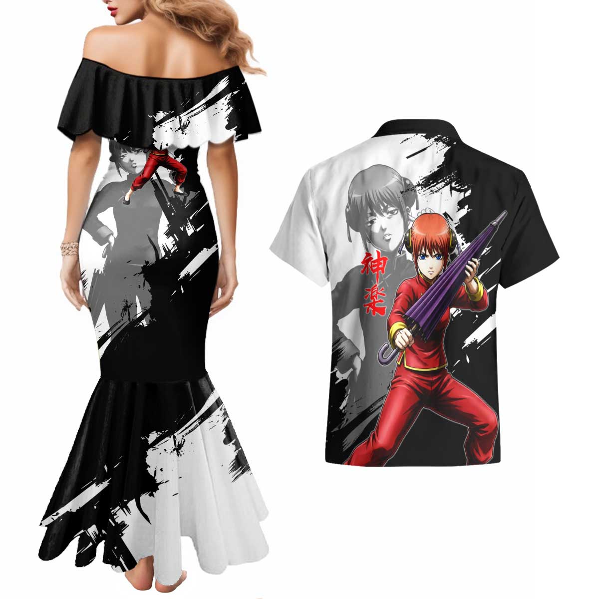 Kagura Couples Matching Mermaid Dress and Hawaiian Shirt Fierce Comedy Martial Ink Style