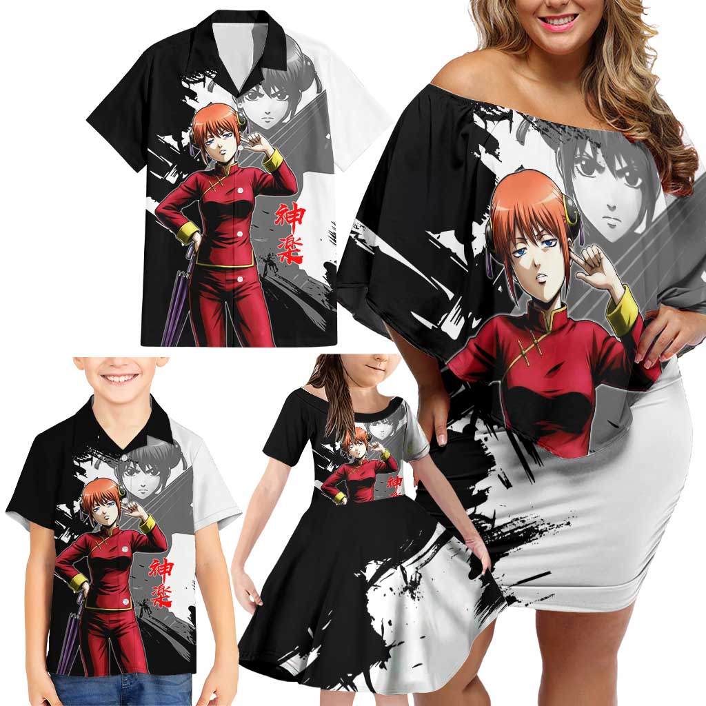 Kagura Family Matching Off Shoulder Short Dress and Hawaiian Shirt Fierce Comedy Martial Ink Style