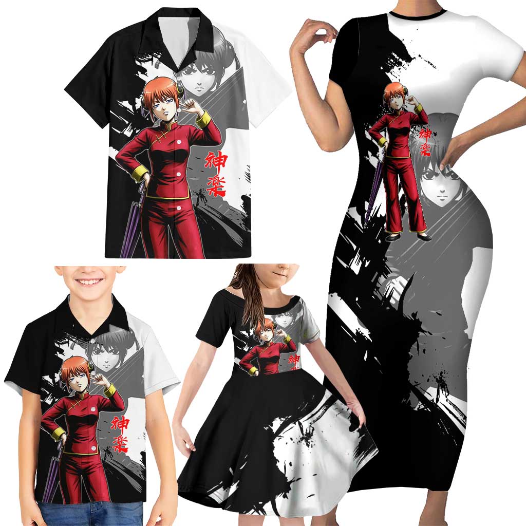 Kagura Family Matching Short Sleeve Bodycon Dress and Hawaiian Shirt Fierce Comedy Martial Ink Style