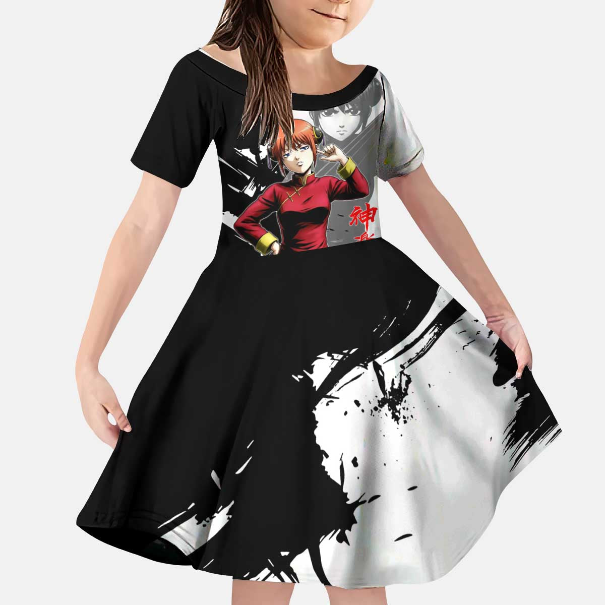 Kagura Kid Short Sleeve Dress Fierce Comedy Martial Ink Style